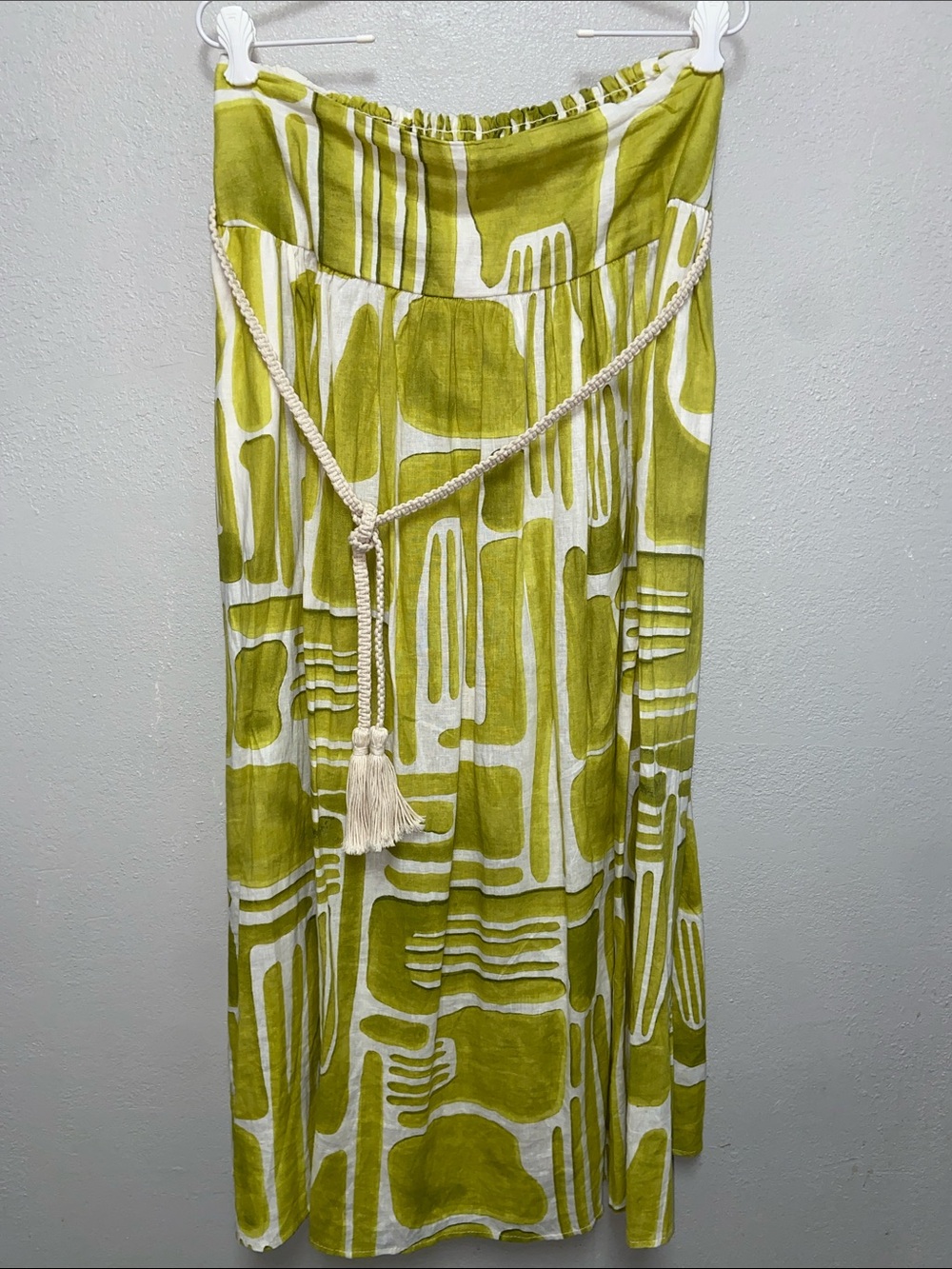 Christian Siriano Green Abstract Print Linen Blend Maxi Skirt Rope Tie Belt 3702
